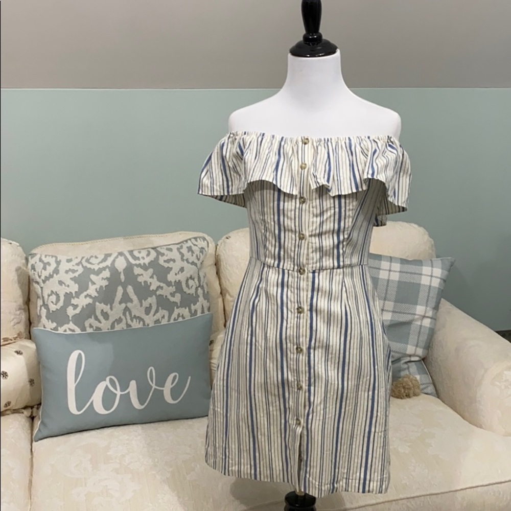 WAYF Blue & White Striped Off Shoulder Dress